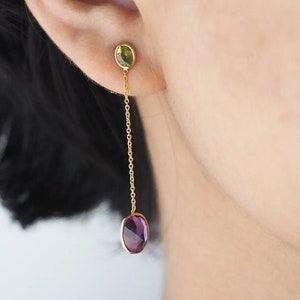 Peridot & Amethyst Chain Threader, 925 Sterling Silver, Oval Gemstone, Chain Danglers, Dangle and Drop Earrings, Handmade Gift Jewelry Boxes
