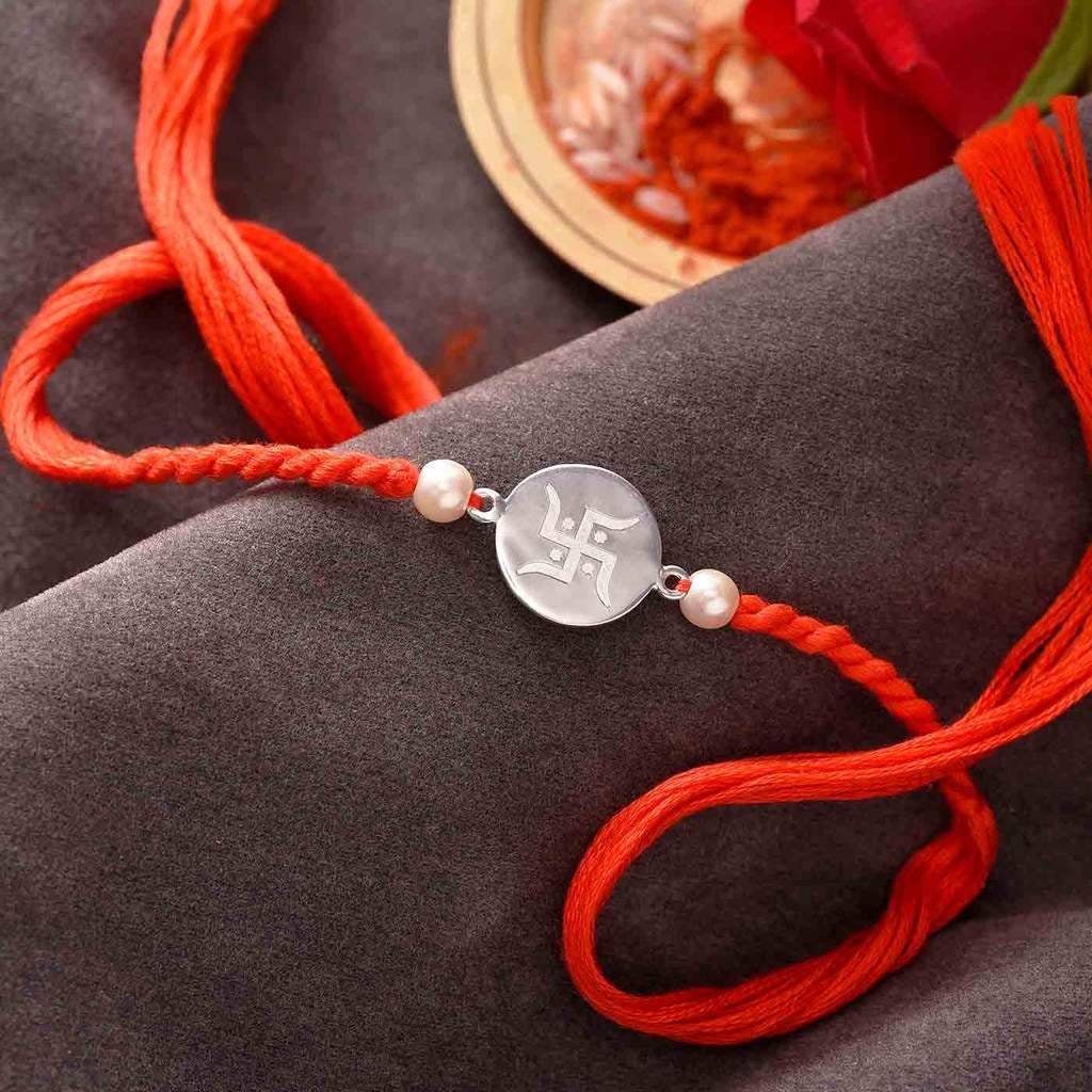 Om & Swastik 925 Silver Set of 2 Rakhis, Coin Rakhi, Pearl and Stones ...