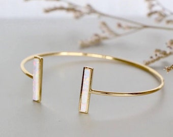 Elegant Opal Cuff Adjustable Bracelet, 925 Silver, October, Double Stone Bar Cuff Bangle, Minimalist Jewelry, Birthday Gift Jewelry Boxes