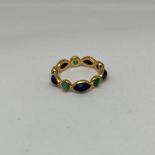Dainty Dyed Emerald & Sapphire Eternity Band, 925 Silver, Wedding Ring,Infinity Stacking Band Anniversary Gift, Handcrafted Multi Stone Band