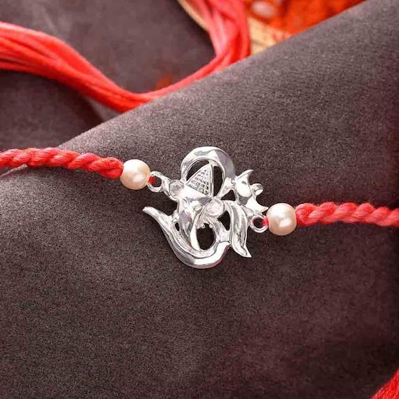 Spiritual OM Ganesha 925 Silver Rakhi Designer Rakhi Pearl and