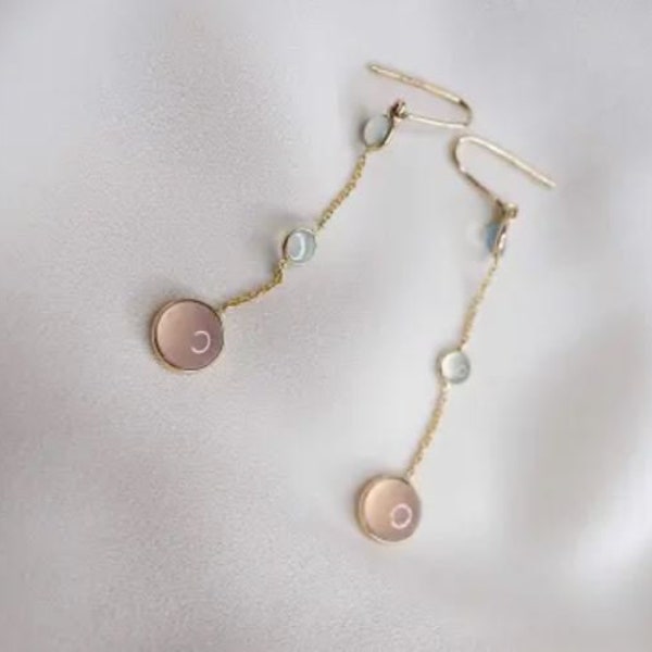Rose Quartz and Aqua Chalcedony Earring, 925 Silver Hooks, Cabochon Round Stones, Chain Earrings, Valentine's Day Gift, Gift for Girlfriend