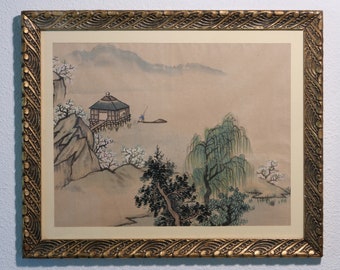 非常に古い中型の日本の芸術作品で、ガラスの後ろに額装され 非常に古い中型の日本の芸術作品で、ガラスの後ろに額装され