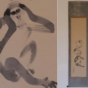 Antique vintage Japanese handpainted scroll Three Wise Monkeys 1900-1940