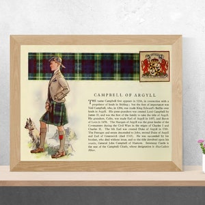 Puede incluir: Una ilustración vintage de un hombre con kilt y chaqueta, de pie junto a un perro. La ilustración está enmarcada en un marco de madera y tiene un fondo crema con texto sobre el clan Campbell of Argyll.