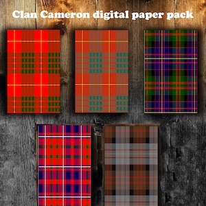 Pode incluir: Cinco folhas de papel digital imprimíveis de 12x12 polegadas apresentando diferentes variações do tartã do clã Cameron. Os tartãs são vermelho, verde, azul e marrom com detalhes em branco.