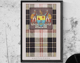Pôster vintage do tartan e do brasão do clã MacPherson (download digital)