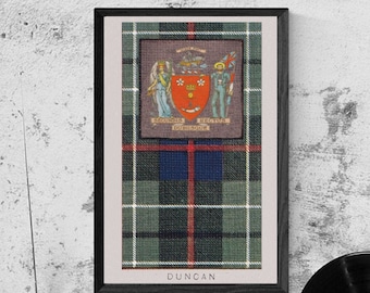 Pôster vintage do tartan e do brasão do clã Duncan (download digital)