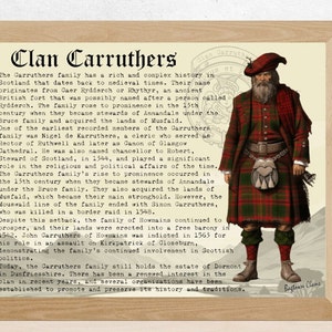 May include: A vintage-style illustration of a man wearing a red and green tartan kilt, a white shirt, and a red hat. The text "Clan Carruthers" is at the top of the image, and the text "Bestown Clans" is at the bottom. The image is set against a background of a mountain landscape.