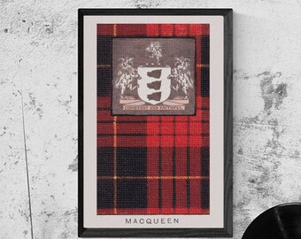 MacQueen Clan Tartan en wapenschild Vintage Poster (Digitale Download)