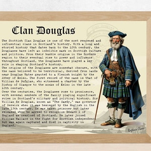 Peut inclure: Une illustration vintage d'un homme portant un kilt écossais traditionnel et tenant une canne. Le texte indique "Clan Douglas" et fournit une brève histoire du clan.