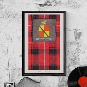 May include: A framed print of a red and black tartan with a crest and the text "MacIvor" at the bottom. The print is hanging on a grey textured wall. There is a vintage radio, a pair of headphones, and a black vinyl record on a black surface in the foreground.