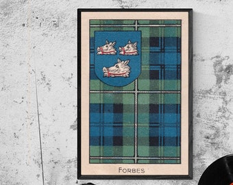 Forbes-klanens tartan och vapensköld vintageaffisch (digital nedladdning)