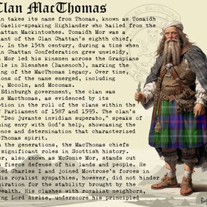 Puede incluir: Una ilustraci&oacute;n hist&oacute;rica de un l&iacute;der de clan escoc&eacute;s, conocido como Tomaidh Mor, que lleva un kilt tradicional y un turbante blanco. La ilustraci&oacute;n est&aacute; sobre un fondo de color beige y amarillo con el texto "Clan MacThomas" en la parte superior.