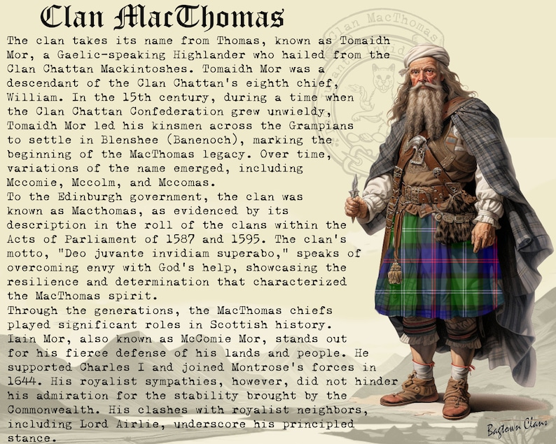 Puede incluir: Una ilustraci&oacute;n hist&oacute;rica de un l&iacute;der de clan escoc&eacute;s, conocido como Tomaidh Mor, que lleva un kilt tradicional y un turbante blanco. La ilustraci&oacute;n est&aacute; sobre un fondo de color beige y amarillo con el texto "Clan MacThomas" en la parte superior.