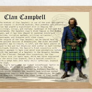 以下が含まれることがあります： 伝統的なスコットランドのキルトを着た男性のヴィンテージスタイルのイラスト。キルトは緑、黒、青のタータン柄。画像の上部に「クラン・キャンベル」というテキストが大きく太字で表示されています。テキストはスコットランドのキャンベル・クランの歴史について説明しています。