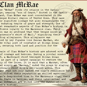 May include: A vintage illustration of a man wearing a red and green tartan kilt, a white shirt, and a white hat. He has a long white beard and is holding a sword. The text "Clan McRae" is written in a decorative font at the top of the image.