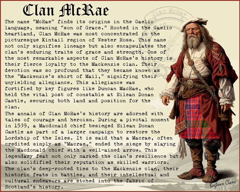 May include: A vintage illustration of a man wearing a red and green tartan kilt, a white shirt, and a white hat. He has a long white beard and is holding a sword. The text "Clan McRae" is written in a decorative font at the top of the image.