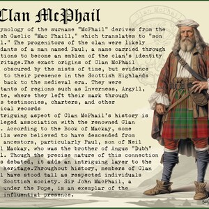 Puede incluir: Una ilustraci&oacute;n vintage de un hombre con un kilt escoc&eacute;s tradicional, con un patr&oacute;n de tart&aacute;n rojo y verde. El texto "Clan McPhail" est&aacute; escrito en una fuente decorativa en la parte superior de la imagen. El texto describe la historia y los or&iacute;genes del Clan McPhail.