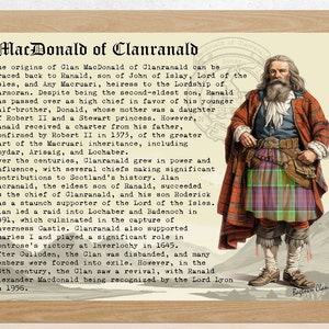 Puede incluir: Una ilustración vintage de un hombre con un kilt de tartán rojo y verde. El texto dice "MacDonald of Clanranald" y describe la historia del clan.