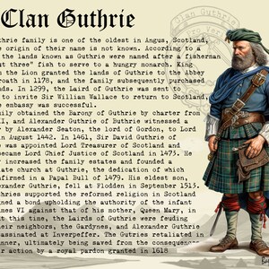 K&ouml;nnte beinhalten: Eine Vintage-Illustration eines Mannes in einem blauen Kilt mit einem rot-gr&uuml;nen Karomuster. Er tr&auml;gt einen braunen Lederg&uuml;rtel und einen schwarzen Hut mit einer Feder. Der Text "Clan Guthrie" befindet sich oben im Bild.