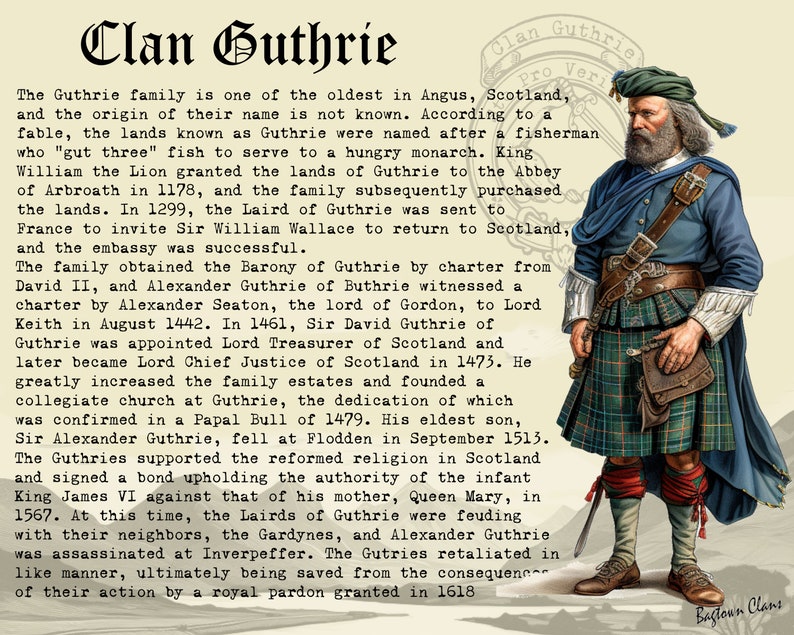 K&ouml;nnte beinhalten: Eine Vintage-Illustration eines Mannes in einem blauen Kilt mit einem rot-gr&uuml;nen Karomuster. Er tr&auml;gt einen braunen Lederg&uuml;rtel und einen schwarzen Hut mit einer Feder. Der Text "Clan Guthrie" befindet sich oben im Bild.