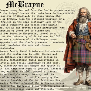 Puede incluir: Una ilustraci&oacute;n vintage de un hombre con un kilt escoc&eacute;s tradicional. El texto describe la historia del clan McBrayne, que se remonta a la antigua sociedad celta de Escocia. El texto menciona la participaci&oacute;n del clan en el panorama pol&iacute;tico y social de la &eacute;poca, incluida su participaci&oacute;n en las rebeliones jacobitas.