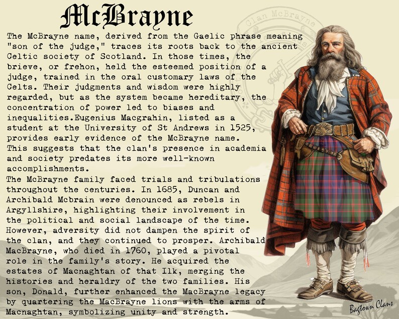 Puede incluir: Una ilustraci&oacute;n vintage de un hombre con un kilt escoc&eacute;s tradicional. El texto describe la historia del clan McBrayne, que se remonta a la antigua sociedad celta de Escocia. El texto menciona la participaci&oacute;n del clan en el panorama pol&iacute;tico y social de la &eacute;poca, incluida su participaci&oacute;n en las rebeliones jacobitas.