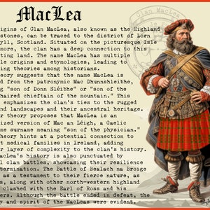 Pode incluir: Uma ilustra&ccedil;&atilde;o vintage de um homem vestindo um kilt vermelho e verde, uma camisa branca e um cinto marrom. Ele tem uma longa barba marrom e est&aacute; segurando um bast&atilde;o em sua m&atilde;o direita. O texto "Clan MacLea" est&aacute; escrito em um c&iacute;rculo ao redor de sua cabe&ccedil;a. O texto "Je P" est&aacute; escrito abaixo do c&iacute;rculo. O texto "Bytoun Clans" est&aacute; escrito no canto inferior direito da imagem.
