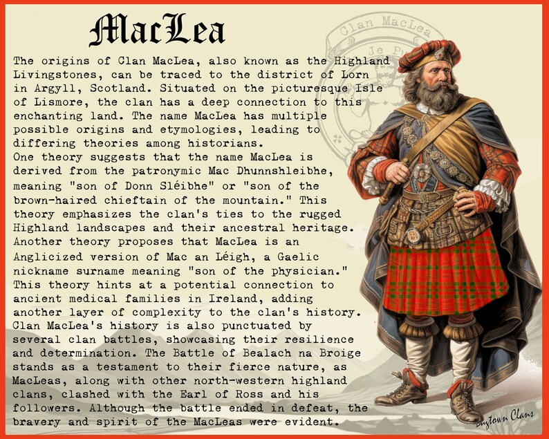 Pode incluir: Uma ilustra&ccedil;&atilde;o vintage de um homem vestindo um kilt vermelho e verde, uma camisa branca e um cinto marrom. Ele tem uma longa barba marrom e est&aacute; segurando um bast&atilde;o em sua m&atilde;o direita. O texto "Clan MacLea" est&aacute; escrito em um c&iacute;rculo ao redor de sua cabe&ccedil;a. O texto "Je P" est&aacute; escrito abaixo do c&iacute;rculo. O texto "Bytoun Clans" est&aacute; escrito no canto inferior direito da imagem.