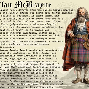 Puede incluir: Una ilustraci&oacute;n vintage de un hombre con un kilt escoc&eacute;s tradicional. El texto describe la historia del clan McBrayne, un clan escoc&eacute;s, y sus or&iacute;genes en el idioma ga&eacute;lico. El texto menciona la participaci&oacute;n del clan en la historia escocesa y su papel en el panorama pol&iacute;tico y social de la &eacute;poca.