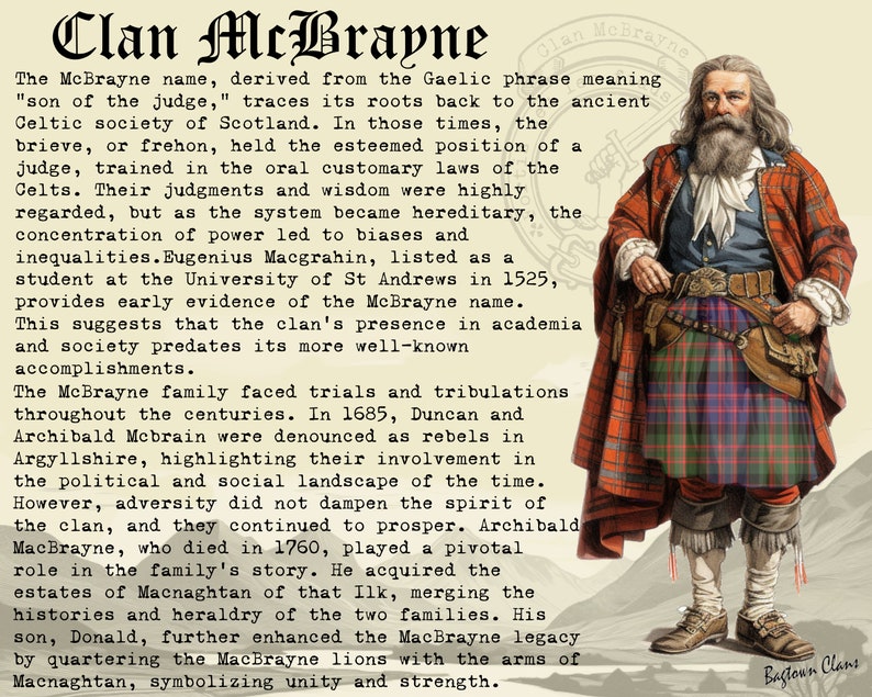 Puede incluir: Una ilustraci&oacute;n vintage de un hombre con un kilt escoc&eacute;s tradicional. El texto describe la historia del clan McBrayne, un clan escoc&eacute;s, y sus or&iacute;genes en el idioma ga&eacute;lico. El texto menciona la participaci&oacute;n del clan en la historia escocesa y su papel en el panorama pol&iacute;tico y social de la &eacute;poca.