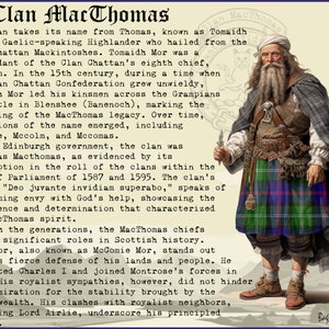 Puede incluir: Un retrato de un hombre con un kilt escoc&eacute;s tradicional y un turbante blanco. Sostiene una daga en su mano derecha. El texto "Clan MacThomas" est&aacute; en la parte superior de la imagen. El texto "Bastoun Clans" est&aacute; en la parte inferior de la imagen.