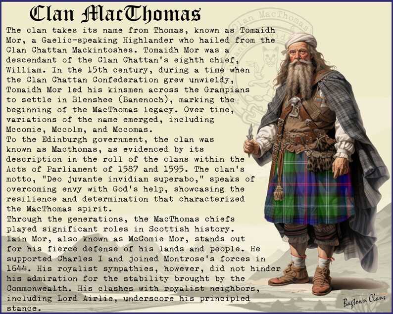 Puede incluir: Un retrato de un hombre con un kilt escoc&eacute;s tradicional y un turbante blanco. Sostiene una daga en su mano derecha. El texto "Clan MacThomas" est&aacute; en la parte superior de la imagen. El texto "Bastoun Clans" est&aacute; en la parte inferior de la imagen.