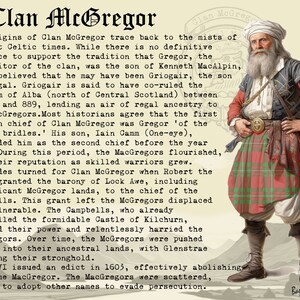 May include: An illustration of a man in traditional Scottish dress, including a red and green plaid kilt. The image includes text detailing the history of the "Clan McGregor" and its origins.