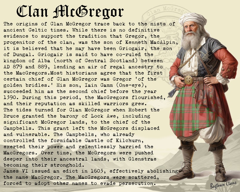 May include: An illustration of a man in traditional Scottish dress, including a red and green plaid kilt. The image includes text detailing the history of the "Clan McGregor" and its origins.