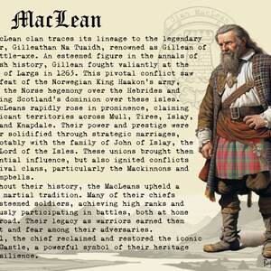 Peut inclure: Une illustration en noir et blanc d'un homme portant un kilt rouge et noir, une chemise blanche et une ceinture en cuir marron. Il a une longue barbe blanche et tient une &eacute;p&eacute;e. Le texte "MacLean" est en grandes lettres grasses en haut de l'image. Le texte "Clan MacLean" est en lettres plus petites en haut &agrave; droite de l'image. Le texte "Bastoun Clans" est en lettres plus petites en bas &agrave; droite de l'image.