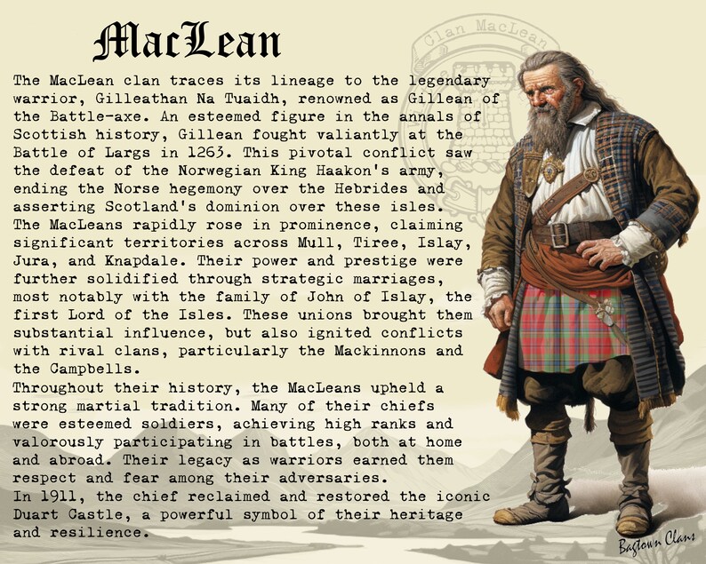 Peut inclure: Une illustration en noir et blanc d'un homme portant un kilt rouge et noir, une chemise blanche et une ceinture en cuir marron. Il a une longue barbe blanche et tient une &eacute;p&eacute;e. Le texte "MacLean" est en grandes lettres grasses en haut de l'image. Le texte "Clan MacLean" est en lettres plus petites en haut &agrave; droite de l'image. Le texte "Bastoun Clans" est en lettres plus petites en bas &agrave; droite de l'image.