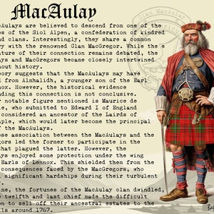 May include: A vintage illustration of a man in a red and green kilt, holding a staff. The text "Clan Macaulay" is at the top of the image. The text "Bastown Clans" is at the bottom of the image. The text describes the history of the Macaulay clan.