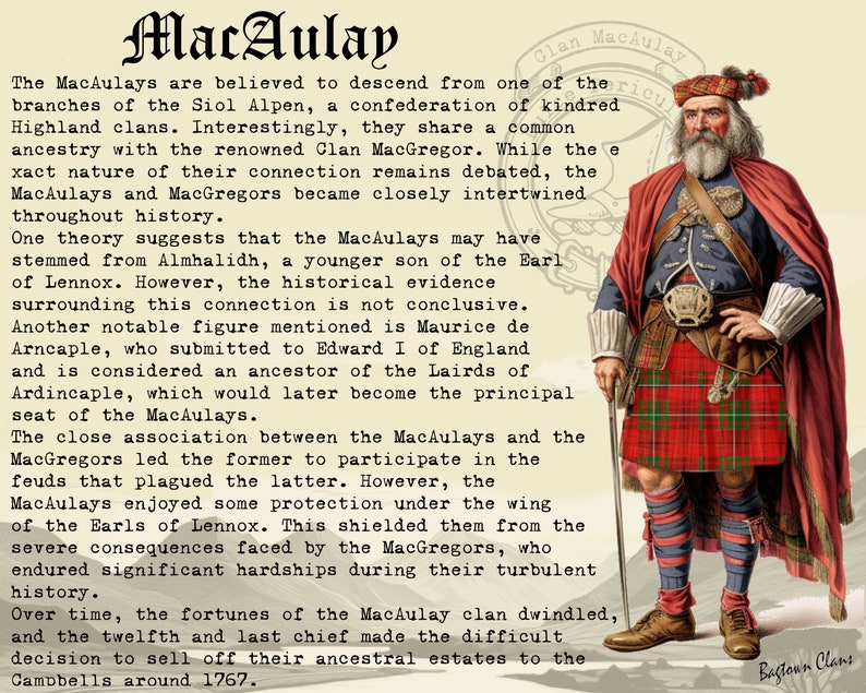 May include: A vintage illustration of a man in a red and green kilt, holding a staff. The text "Clan Macaulay" is at the top of the image. The text "Bastown Clans" is at the bottom of the image. The text describes the history of the Macaulay clan.