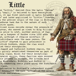 Peut inclure: Une illustration vintage d'un homme portant un kilt &eacute;cossais traditionnel et une chemise blanche. L'homme a une longue barbe blanche et tient une &eacute;p&eacute;e. L'image est entour&eacute;e de texte qui d&eacute;crit l'histoire du clan Little en &Eacute;cosse.