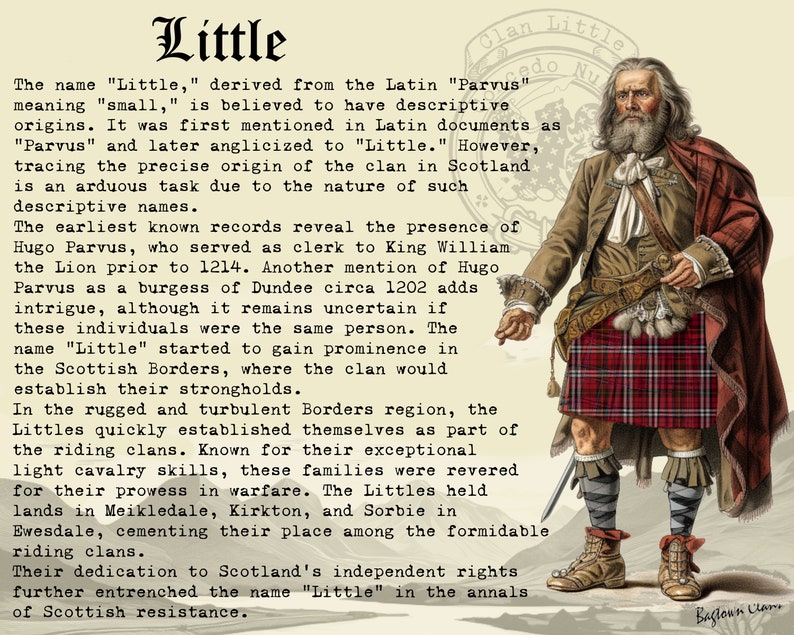 Peut inclure: Une illustration vintage d'un homme portant un kilt &eacute;cossais traditionnel et une chemise blanche. L'homme a une longue barbe blanche et tient une &eacute;p&eacute;e. L'image est entour&eacute;e de texte qui d&eacute;crit l'histoire du clan Little en &Eacute;cosse.