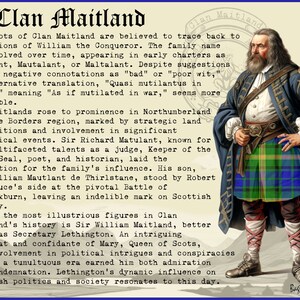 Op de afbeelding: Een vintage illustratie van een man in een kilt en een jas. De tekst luidt "Clan Maitland" en beschrijft de geschiedenis van de clan. De illustratie is op een beige achtergrond.