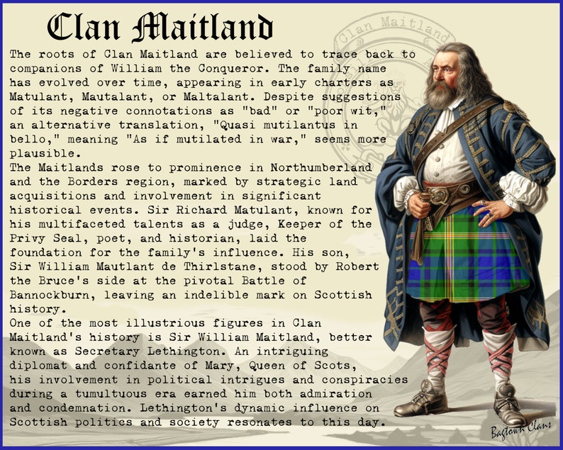 Op de afbeelding: Een vintage illustratie van een man in een kilt en een jas. De tekst luidt "Clan Maitland" en beschrijft de geschiedenis van de clan. De illustratie is op een beige achtergrond.