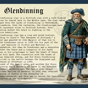 K&ouml;nnte beinhalten: Ein illustrierter Druck mit dem Glendinning-Clan. Das Bild zeigt ein Portr&auml;t eines Mannes in traditioneller schottischer Kleidung, einem Kilt, und einen historischen Text &uuml;ber die Urspr&uuml;nge und die Geschichte des Clans. Der Text ist im Vintage-Stil.