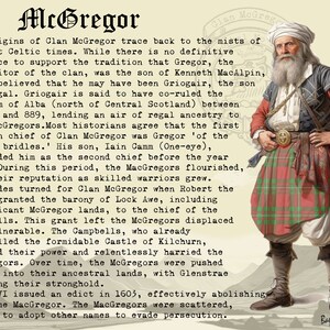 May include: An illustration of a man in traditional Scottish Highland dress, including a red and green tartan kilt. The image contains text detailing the history of the McGregor clan, with the name "McGregor" at the top in a decorative font.