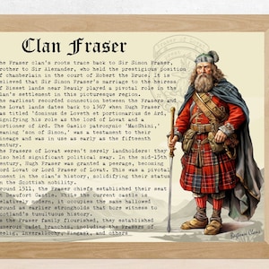 May include: A vintage-style illustration of a man wearing a red and green tartan kilt, a black jacket, and a brown hat. The text "Clan Fraser" is at the top of the image, and the text "Bagtoun Clans" is at the bottom. The image is set against a background of a wooden frame.
