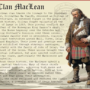 Peut inclure: Portrait d'un homme portant un kilt &eacute;cossais rouge et vert, une chemise blanche et une ceinture en cuir marron. Il a une longue barbe blanche et tient une &eacute;p&eacute;e. Le texte "Clan MacLean" est en haut de l'image.