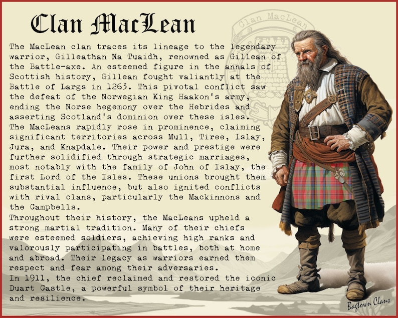 Peut inclure: Portrait d'un homme portant un kilt &eacute;cossais rouge et vert, une chemise blanche et une ceinture en cuir marron. Il a une longue barbe blanche et tient une &eacute;p&eacute;e. Le texte "Clan MacLean" est en haut de l'image.