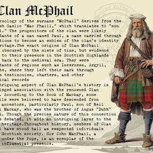 Puede incluir: Una ilustraci&oacute;n en blanco y negro de un hombre con un kilt escoc&eacute;s tradicional. El texto "Clan McPhail" est&aacute; escrito en una fuente grande en la parte superior de la imagen. El texto describe la historia del clan y sus or&iacute;genes en las Tierras Altas de Escocia.